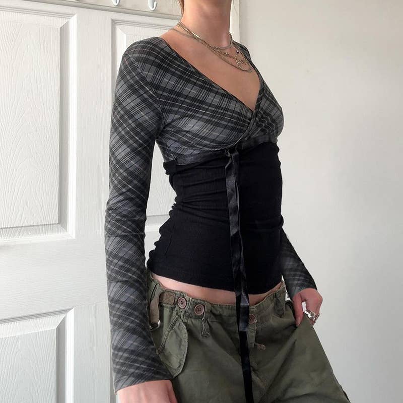 V-neck bow lace-up plaid color patchwork T-shirt