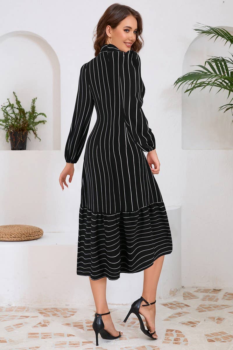 CWDMD4000_LONGSLEEVED STAND-UP COLLAR PINSTRIPED WORK DRESS