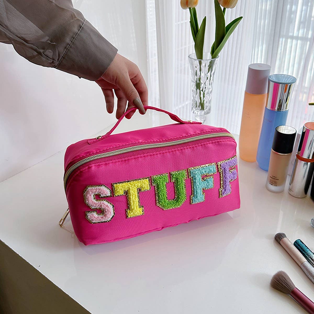 NYLON HAND-HELD FLOCKING LETTER COSMETIC BAG_CWAB4383