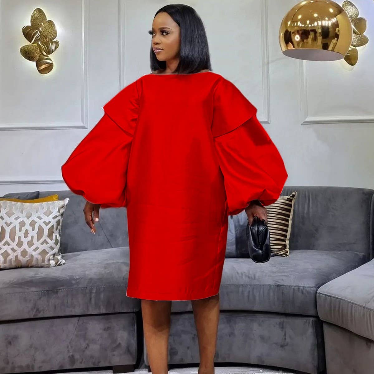 PLUS SIZE FASHION WOMEN'S LOOSE PUFF SLEEVE DRESS_CWDSD6167