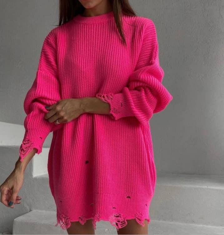 SOLID COLOR RIPPED MID-LENGTH CREW-NECK SWEATER