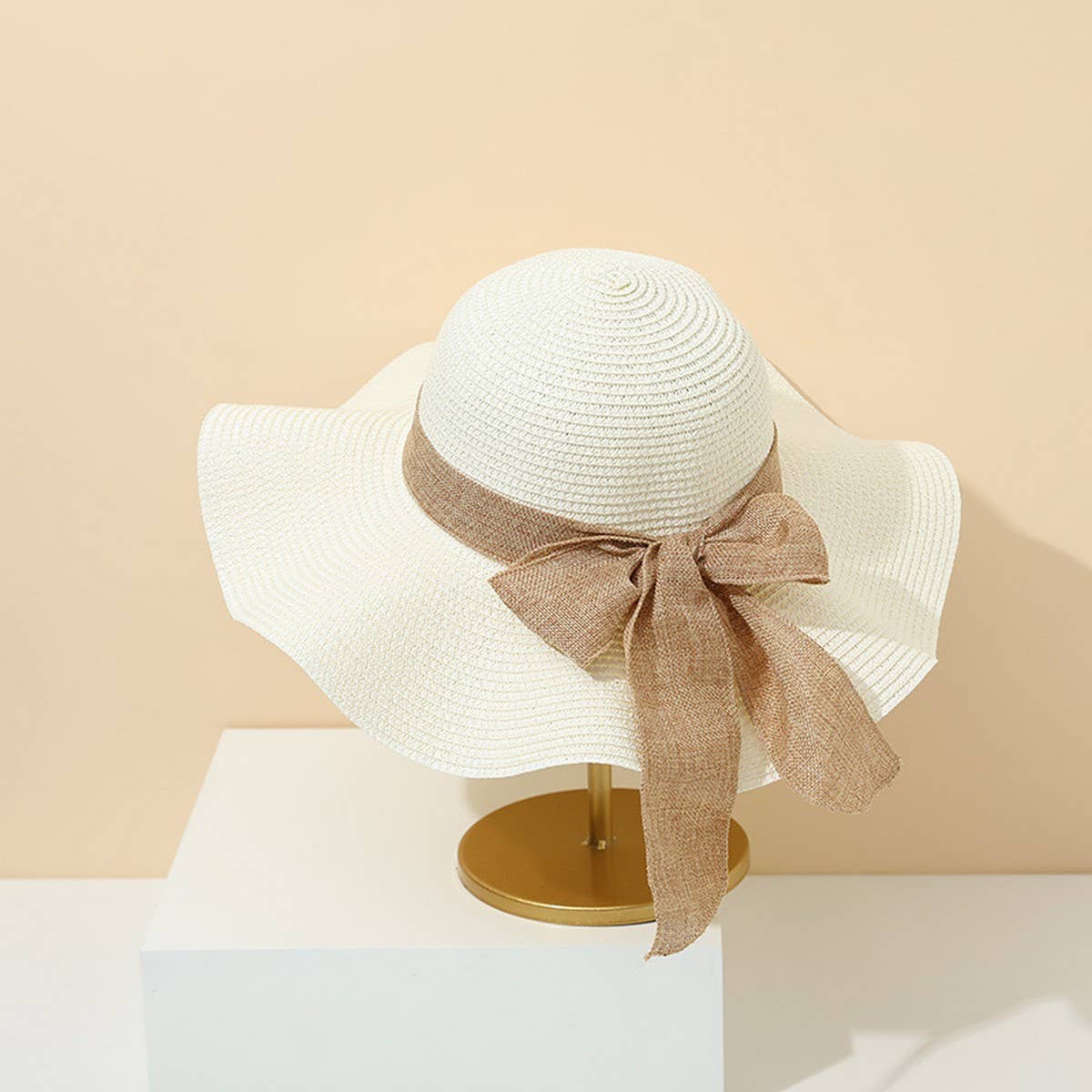 Fashion bow ribbon wide brim straw hat_CWAH3471