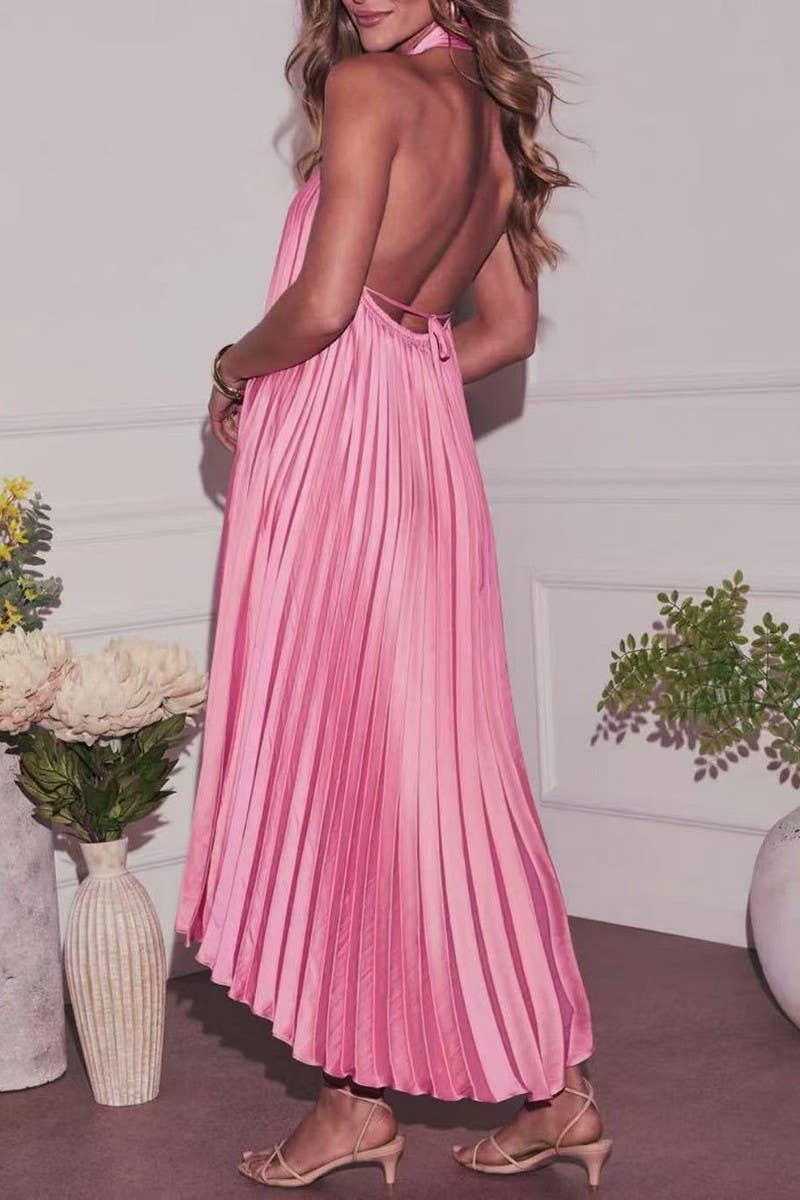 CWDHL1034_SOLID HALTER PLEATED BACKLESS SEXY DRESS