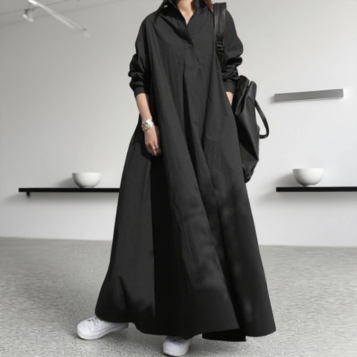 Retro long-sleeved lapel loose wide-hem dress