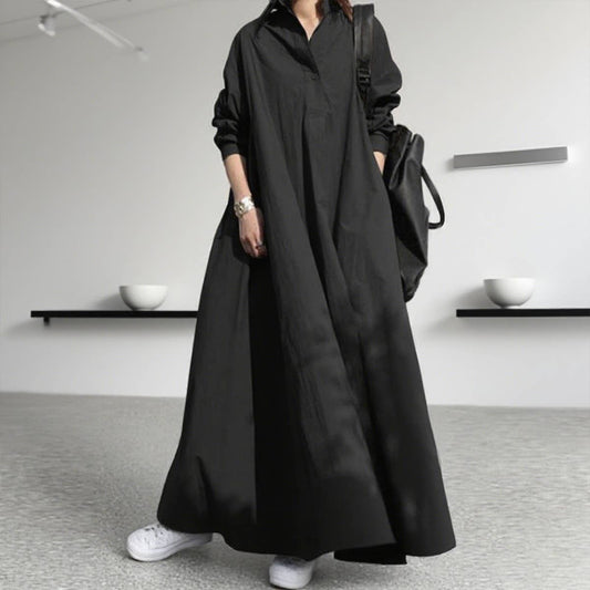 Retro long-sleeved lapel loose wide-hem dress