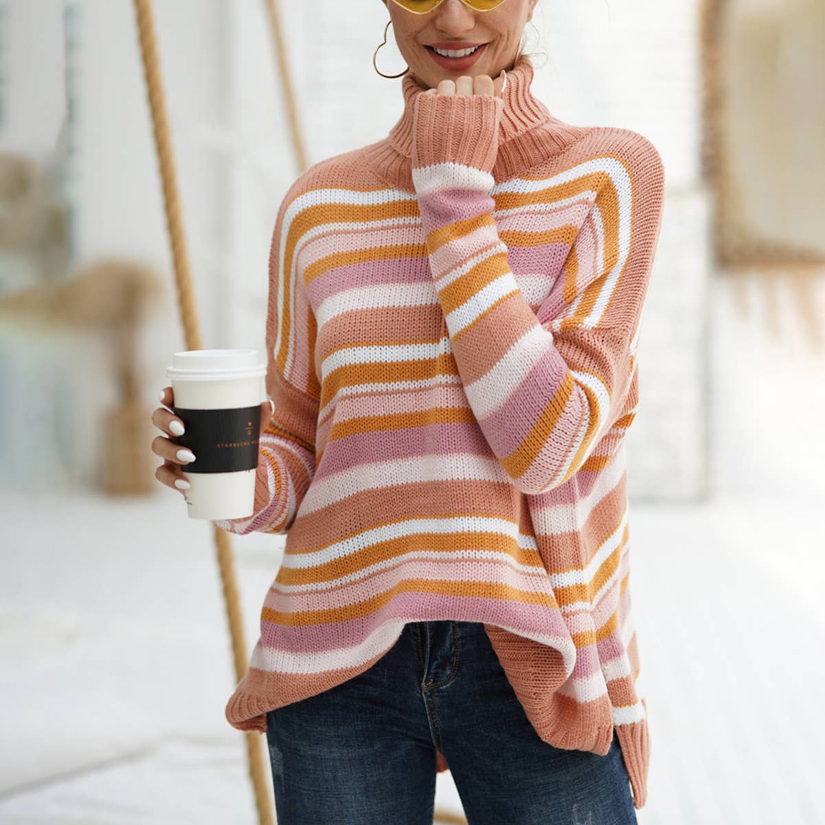 RAINBOW STRIPED PATCHWORK KNIT PULLOVER SWEATER_cwoswl2316