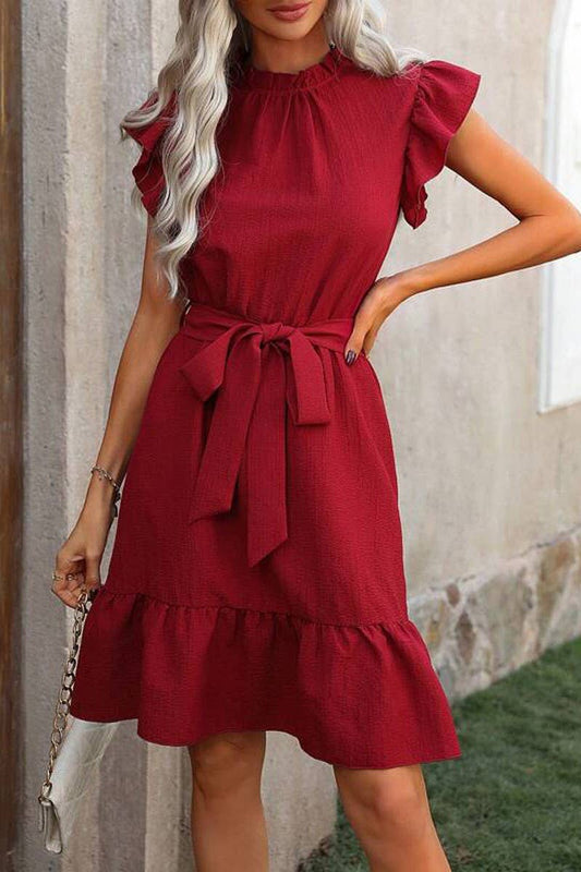CWDSD8307_SUMMER SOLID COLOR RUFFLED TEMPERAMENT DRESS