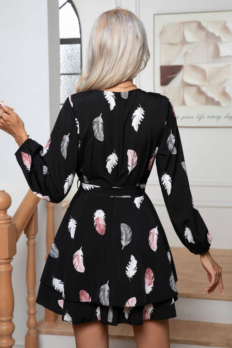 CWDSD2921_FEATHER PRINT  HEM RUFFLED LACE-UP MINI DRESS