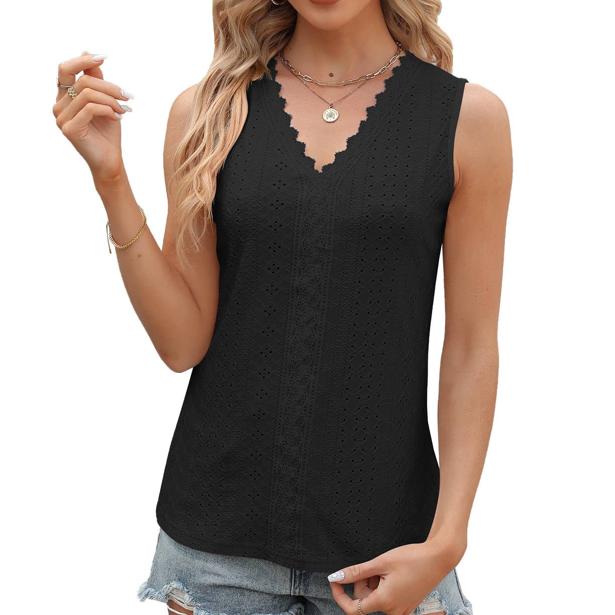 V-neck lace sleeveless solid color casual vest