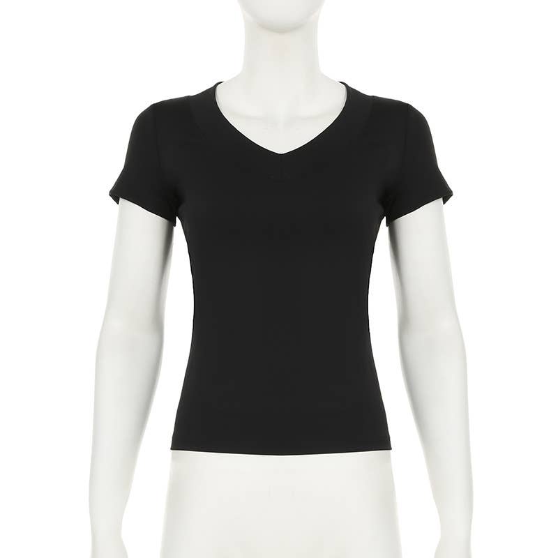 Sexy solid color V-neck short-sleeved base shirt