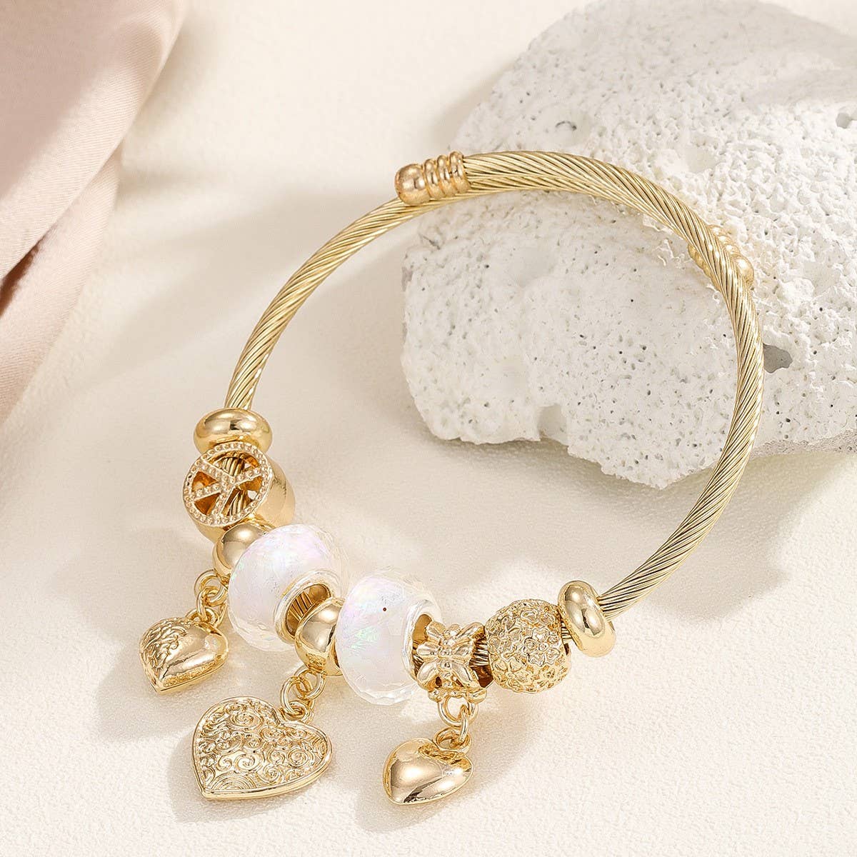 Gold Steel Bracelet with Bear & Heart Charms