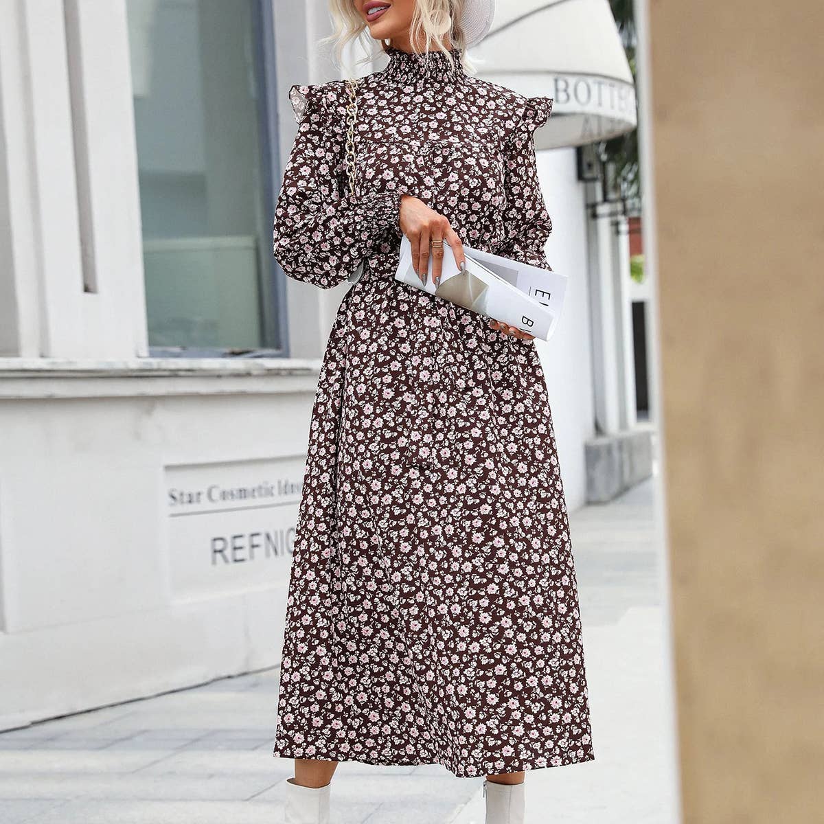 WOODEN EAR SLEEVES WITH BELT FLORAL PRINT DRESS