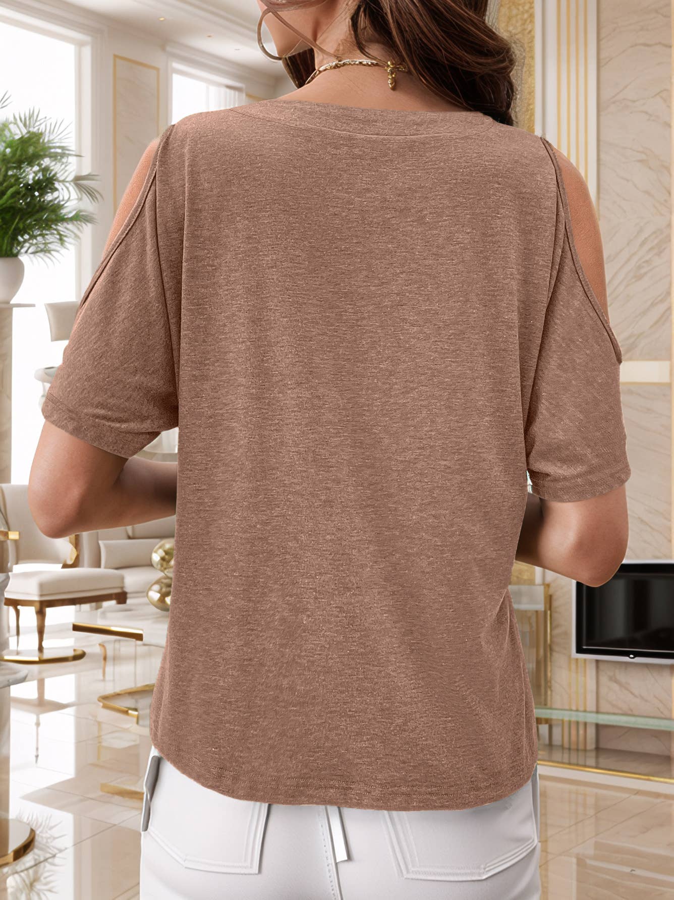 Solid-color off-the-shoulder short-sleeved Top