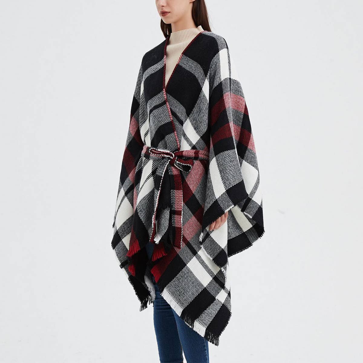 GEOMETRIC BLACK AND RED SHAWL WITH SPLIT HOOD