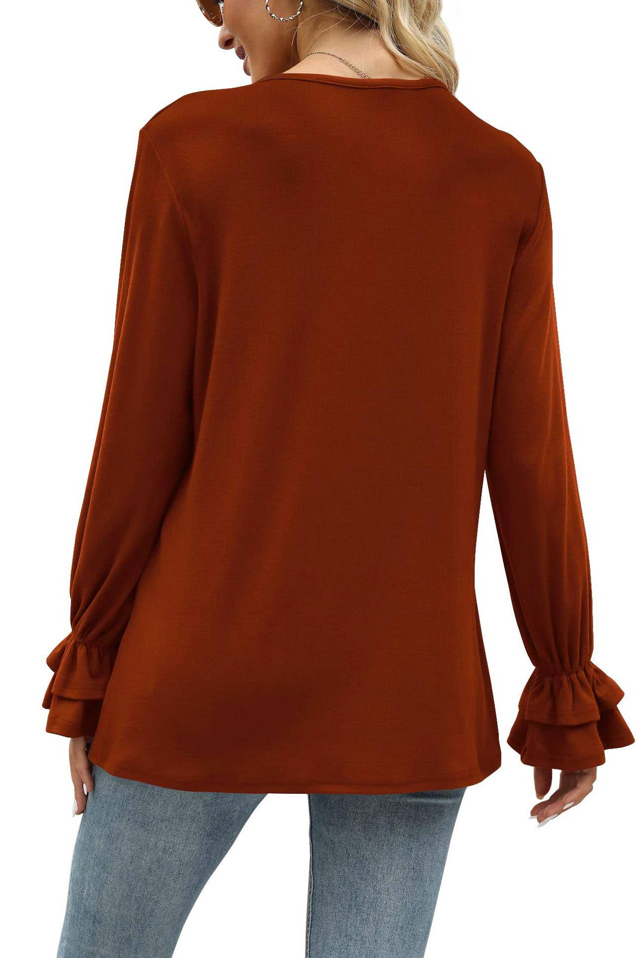 FLARED LONG SLEEVE SOLID COLOR T-SHIRT BLOUSE