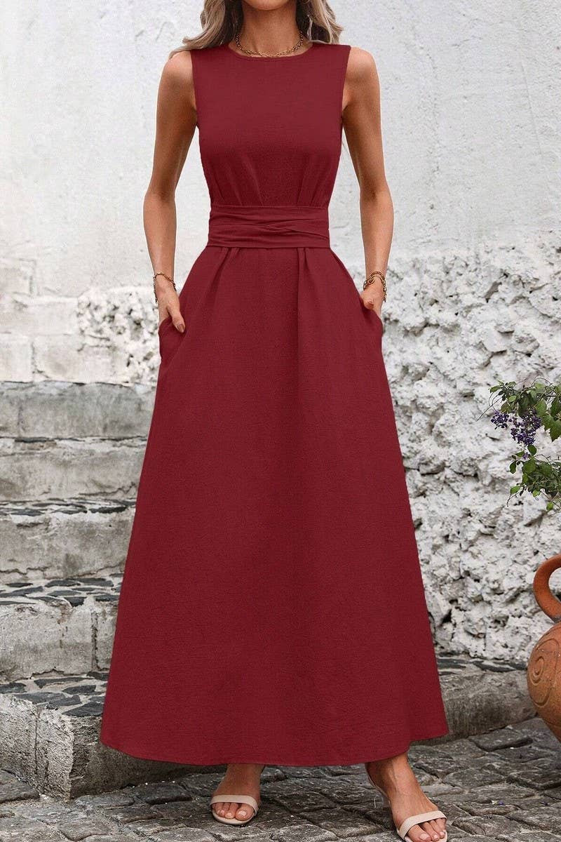 CWDMD5873_SOLID SLEEVELESS TIE WAIST CASUAL TANK DRESS