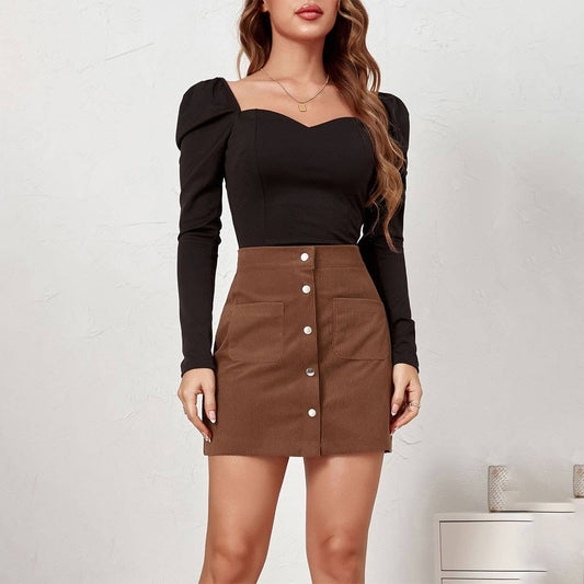 CORDUROY HIP-HUGGING SHORT SKIRT SOLID COLOR SKIRT_CWAB4803