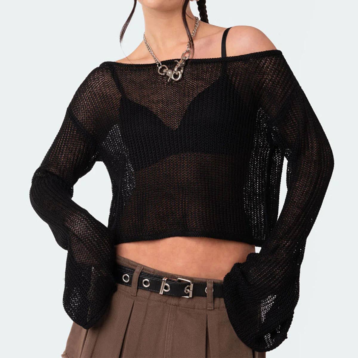 See-through flared sleeve pullover knitted smock