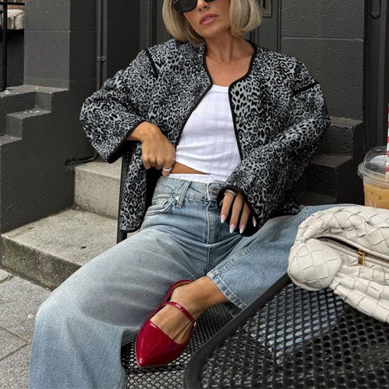 VINTAGE LEOPARD PRINT CREW-NECK UNBUTTONED JACKET
