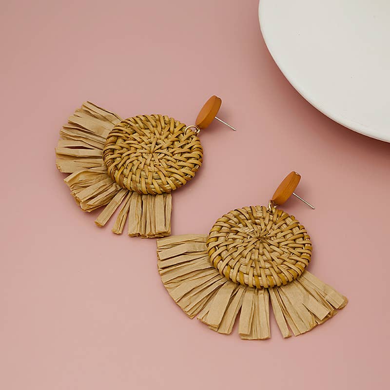 Hand-woven geometric rattan raffia earrings