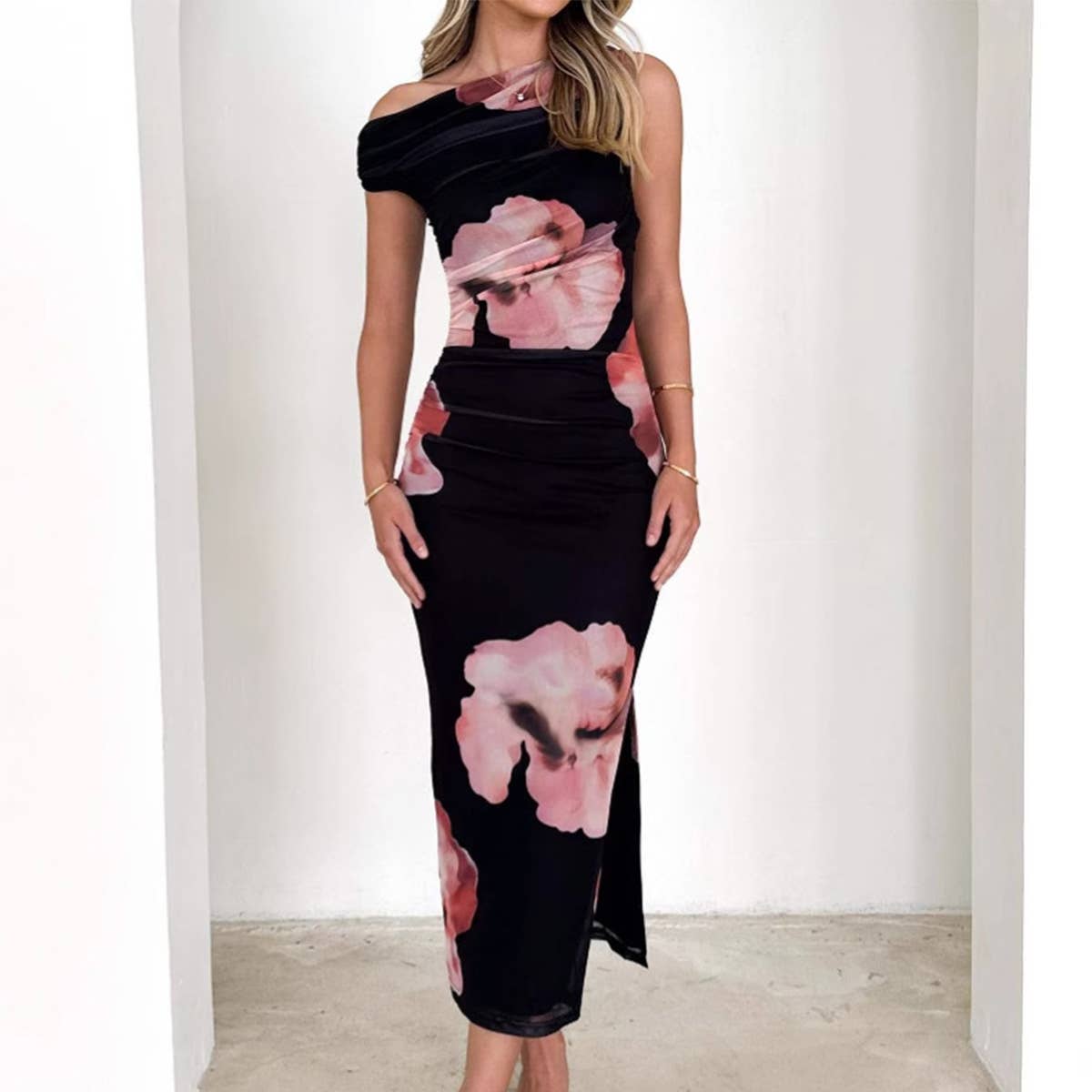 Sleeveless slant shoulder print pleated dress