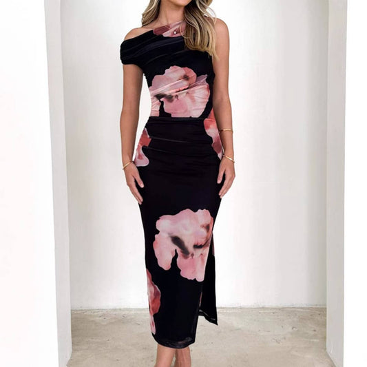 Sleeveless slant shoulder print pleated dress