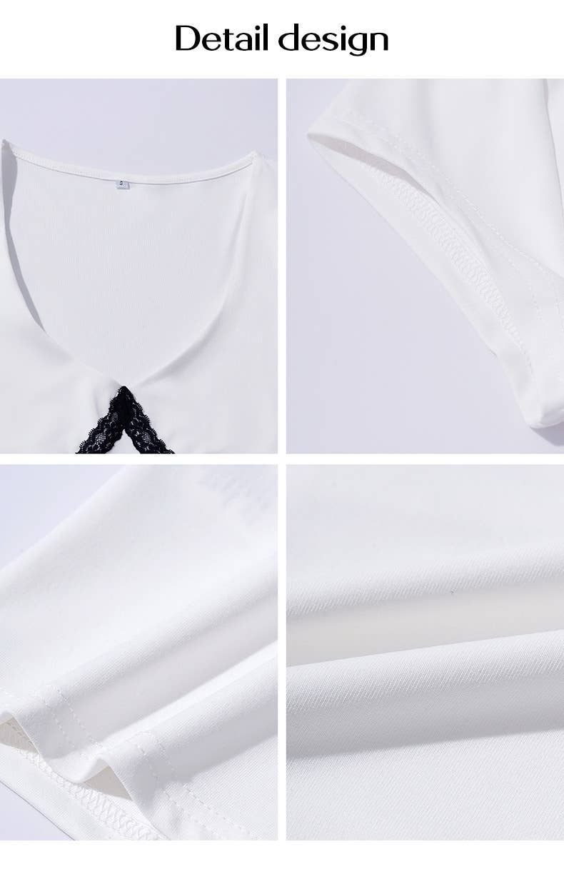 Sexy knit black white contrasting low-cut T-shirt