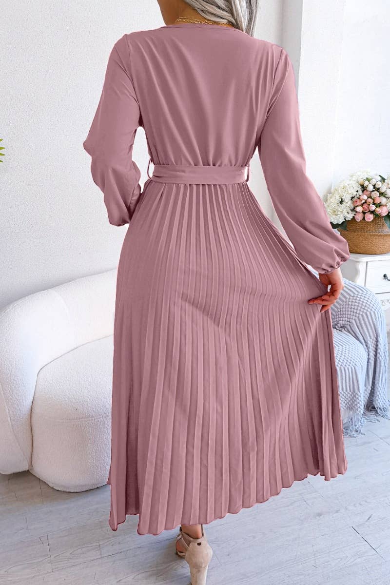 CWDMD3947_CROSS LACE-UP LONG-SLEEVED PLEATED SWING DRESS