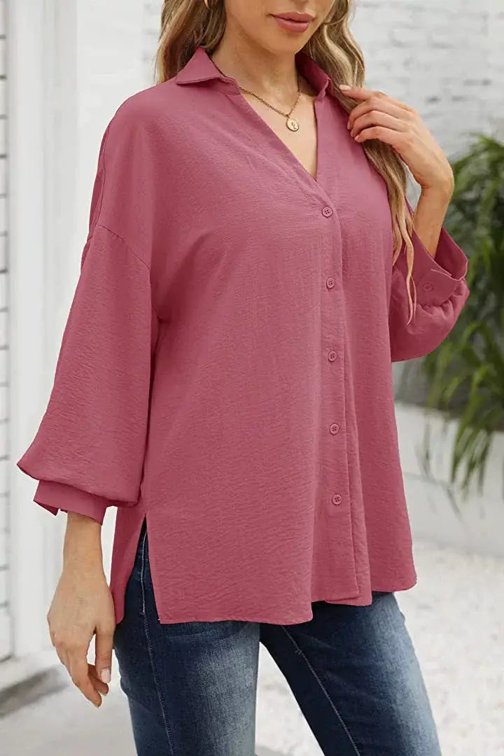 LANTERN SLEEVE BUTTON V-NECK CHIFFON CASUAL SHIRT