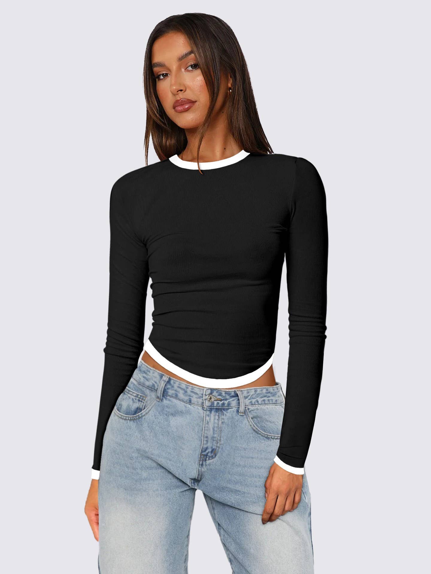 LONG SLEEVE ROUND NECK SLIM-FIT COLOR SHORT TOP