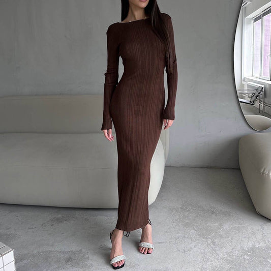 SOLID COLOR ROUND NECK PIT STRIP SLIMMING DRESS