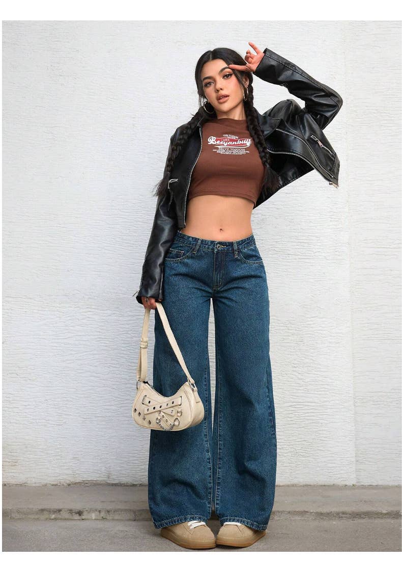 Straight-leg,retro low-waisted wide-leg jeans