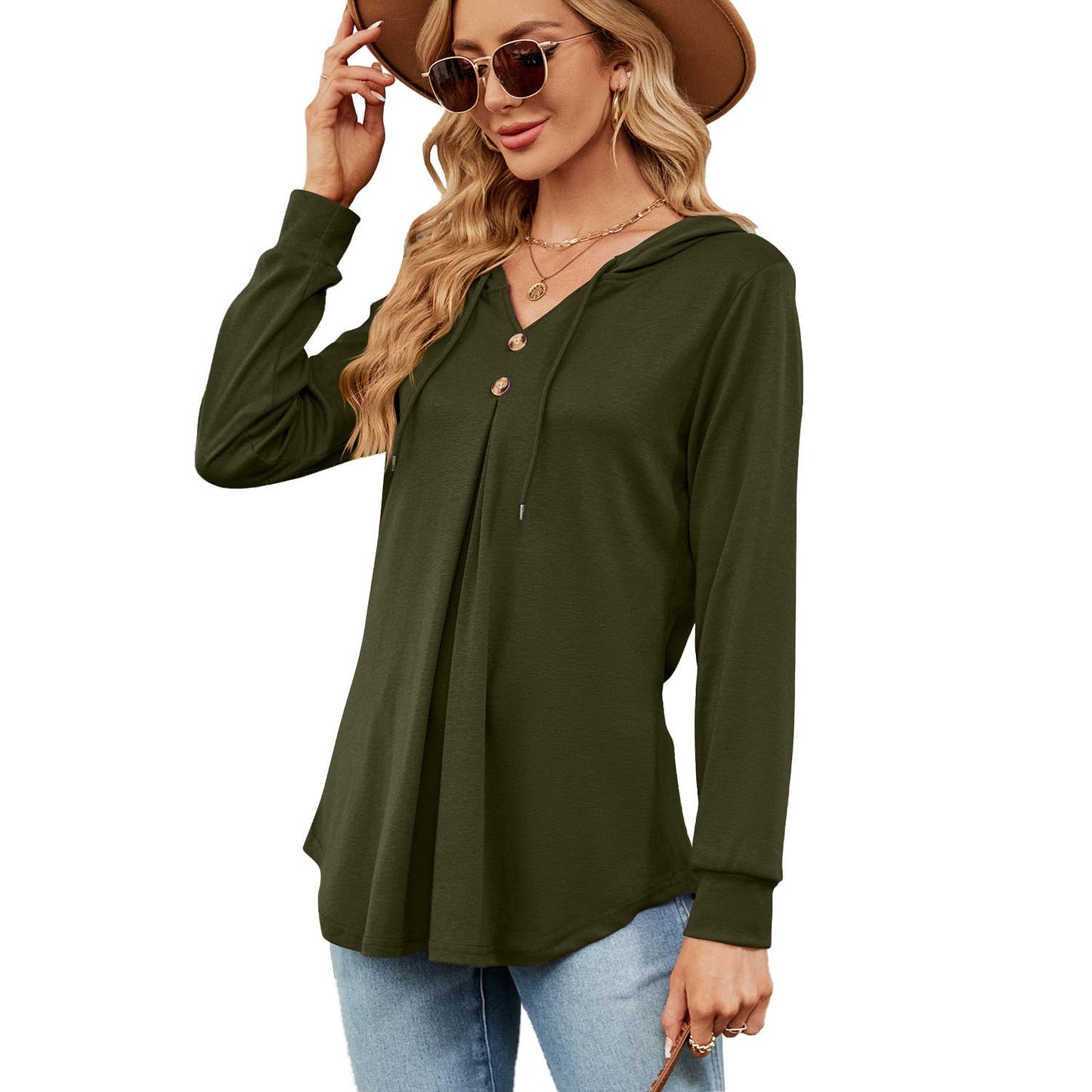 V-NECK BUTTON-UP HOODIE LOOSE LONG-SLEEVED HOODIE