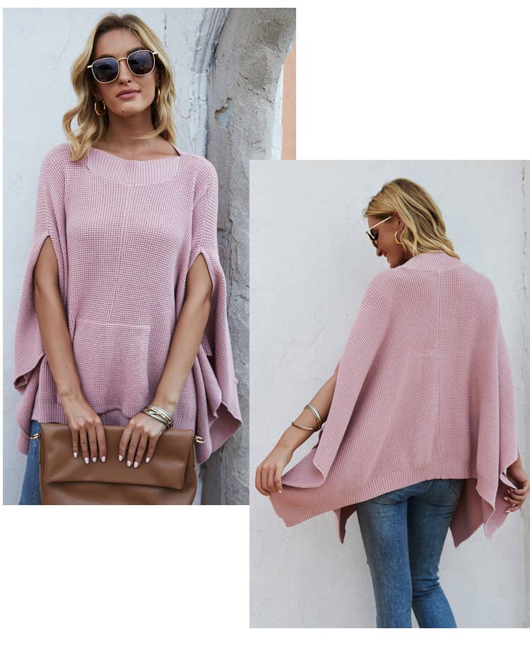 SOLID COLOR CASUAL STYLE PLUS-SIZE CAPE KNITWEAR