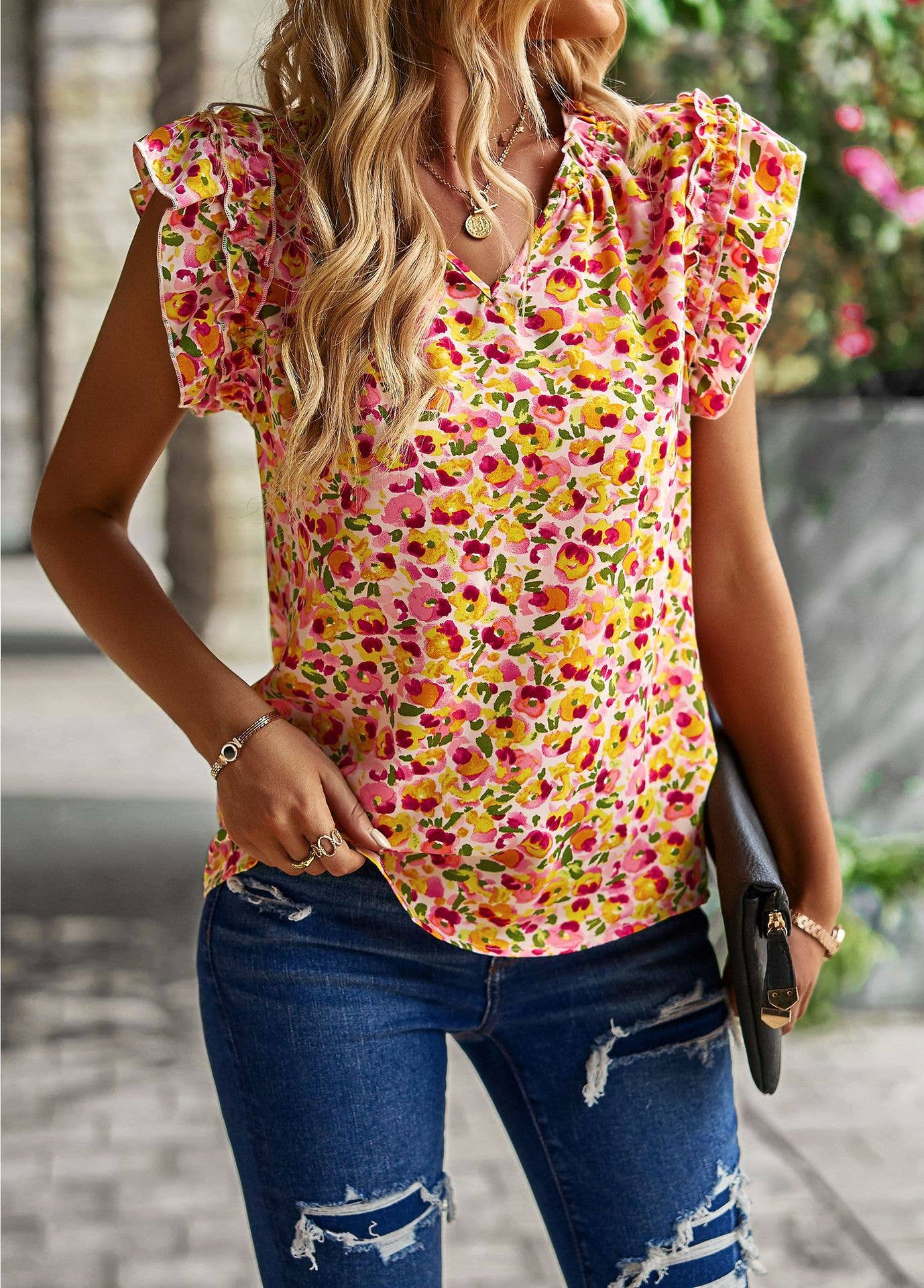 STYLISH V-NECK FLORAL BLOUSE