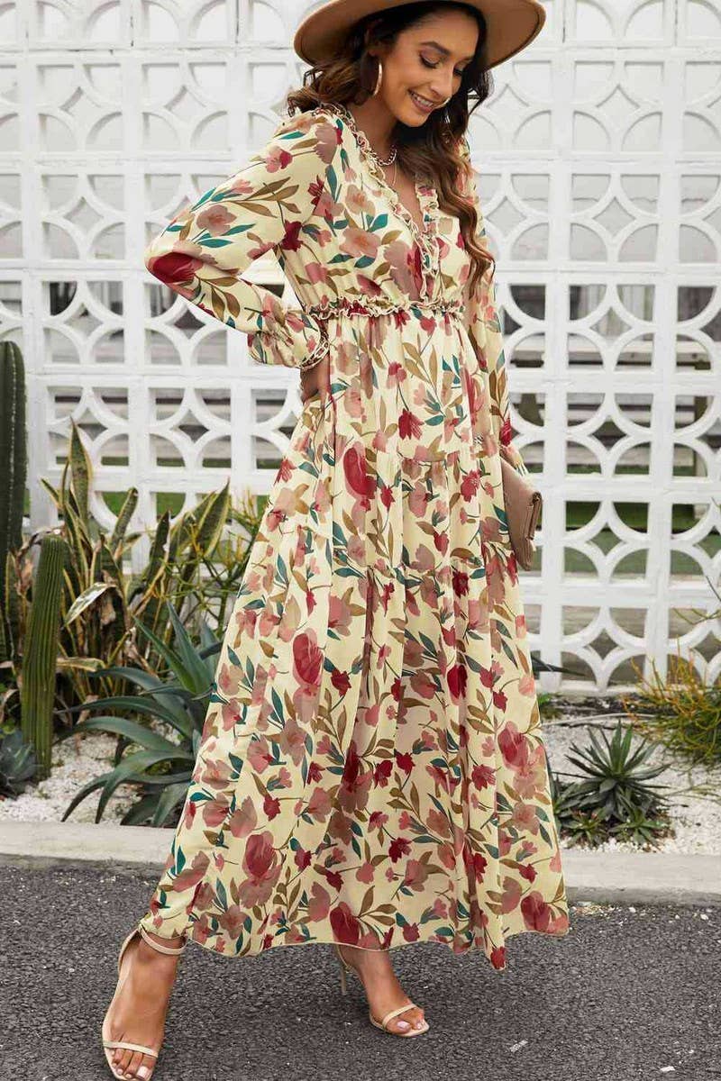 CWDMD6397_V-NECK FLORAL BOHEMIAN HIGH WAIST DRESS
