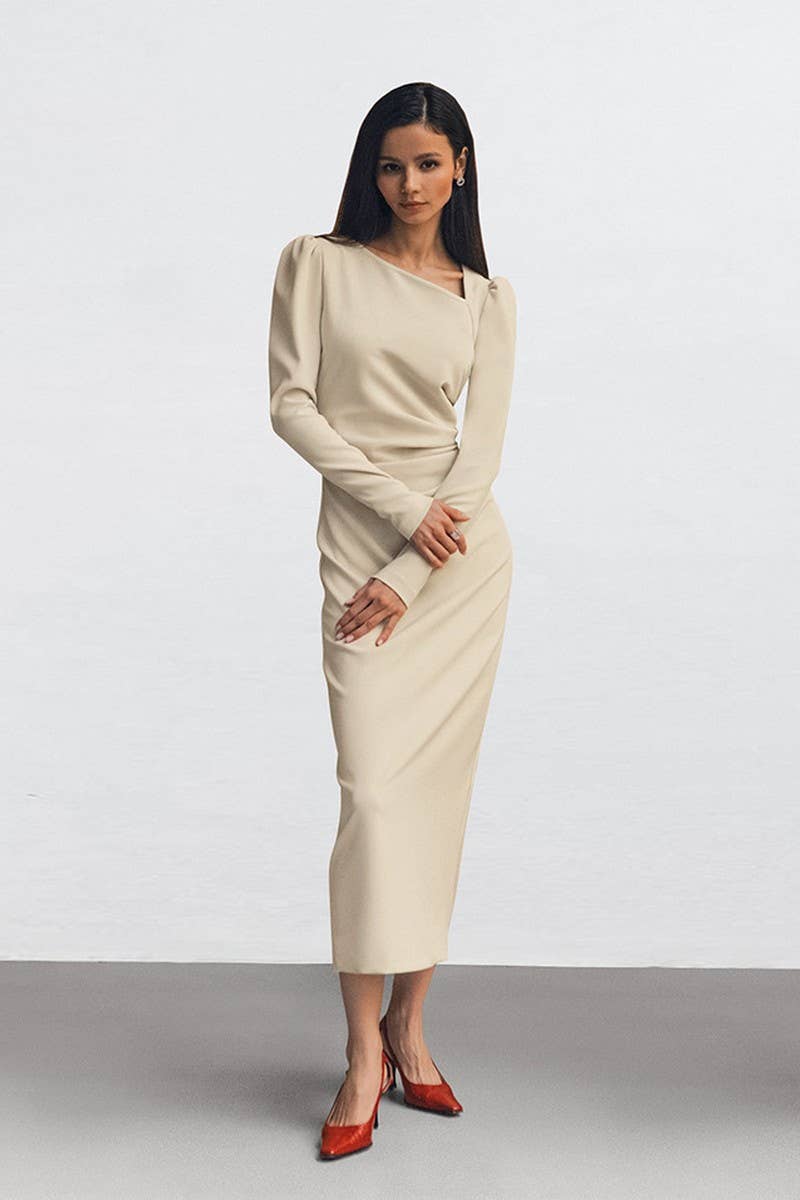 CWDMD6113_ASYMMETRIC NECK PUFF SLEEVE BODYCON SLIT DRESS