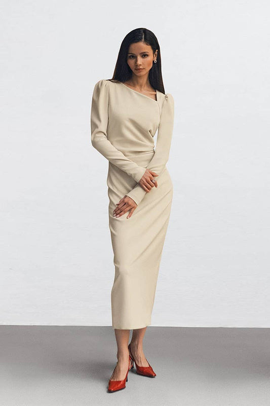 CWDMD6113_ASYMMETRIC NECK PUFF SLEEVE BODYCON SLIT DRESS