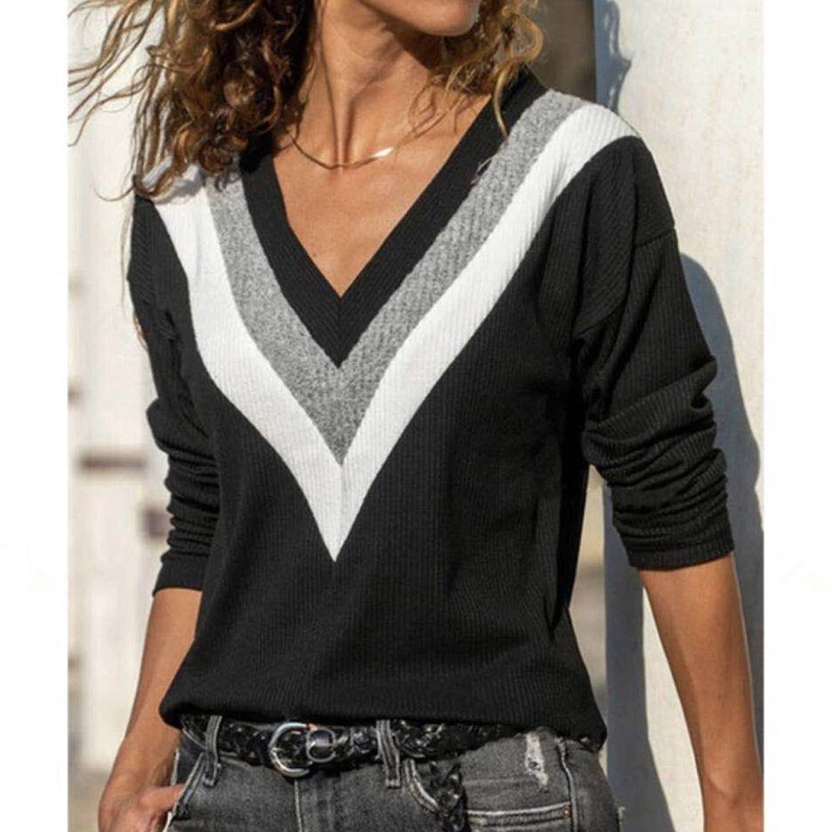 V-NECK LONG SLEEVE COLOR CONTRAST SWEATER