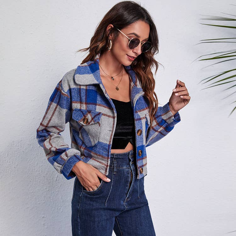 SLIM-FIT PLAID CROPPED SWEATER JACKET
