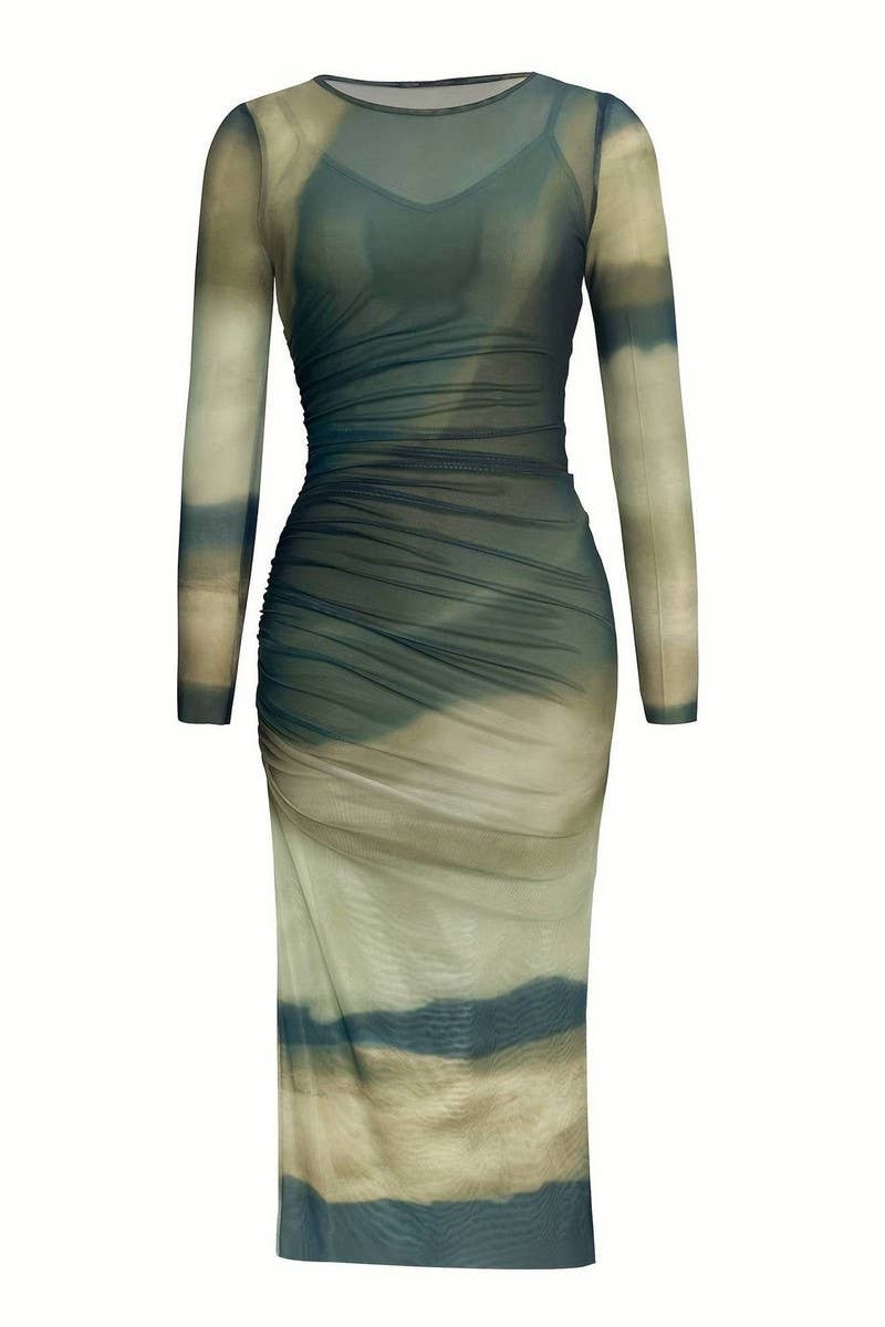 CWDMD5029_LONG SLEEVE FLORAL MESH SEXY TWO-PIECE DRESS