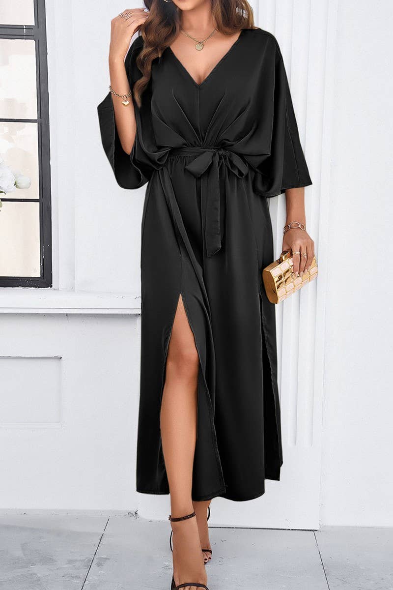 CWDMD1334_V-Neck 3/4 Sleeve With Belt Maxi Dresses