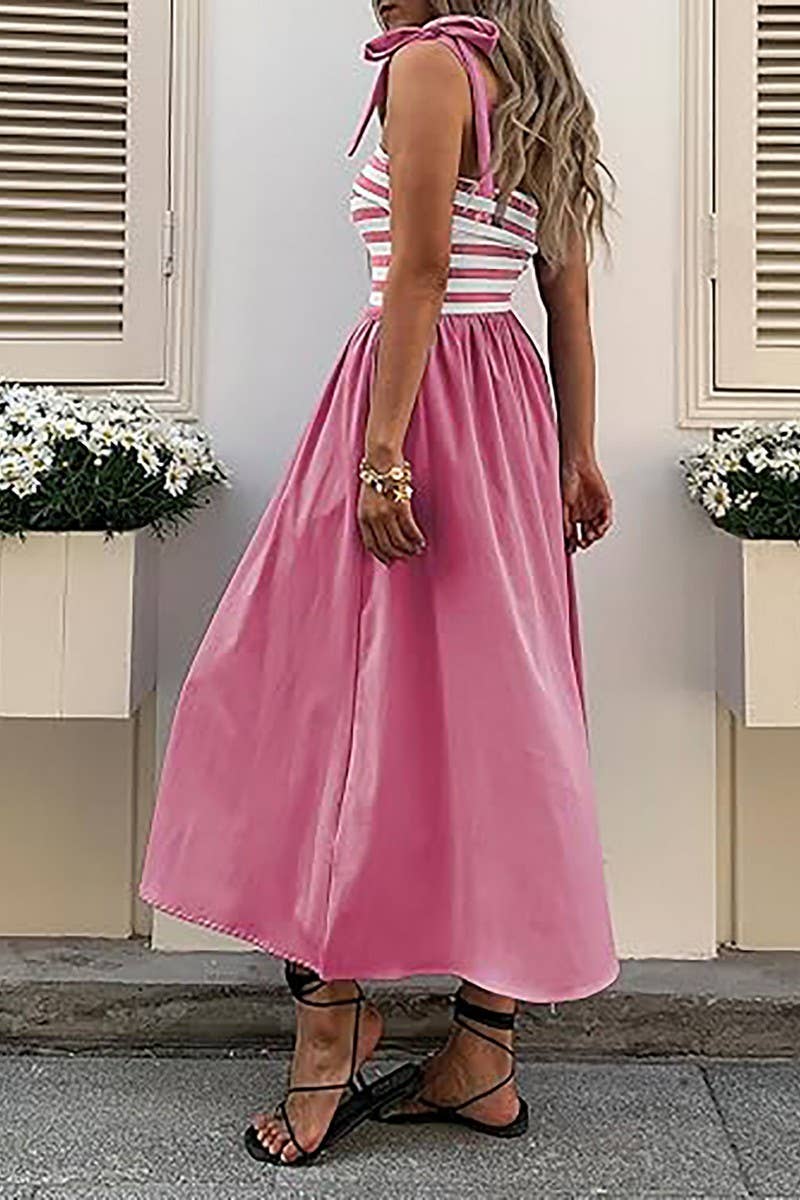 CWDMD5701_SLEEVELESS TIE POCKET STRIPED BEACH DRESS