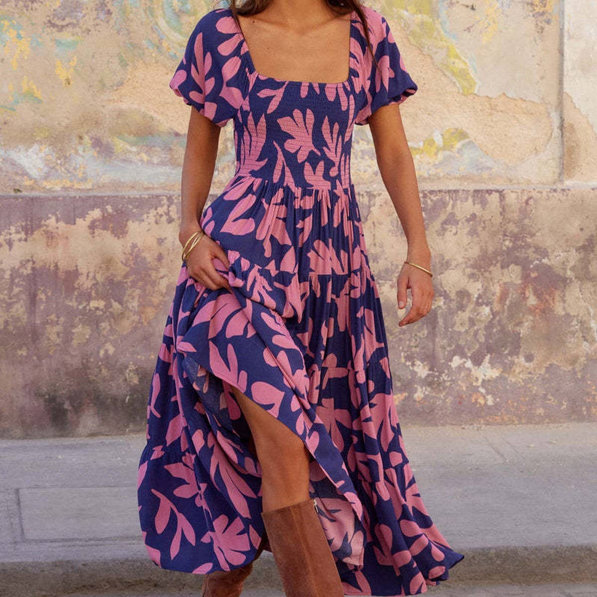 Print puffed sleeve long A-line dress