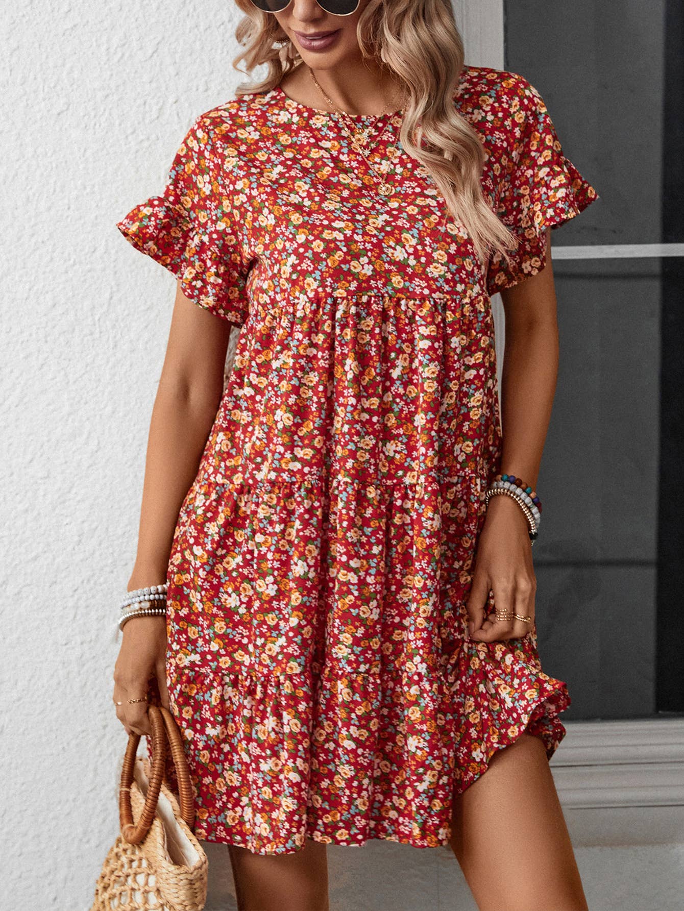 Leopard print floral crew-neck casual loose dress