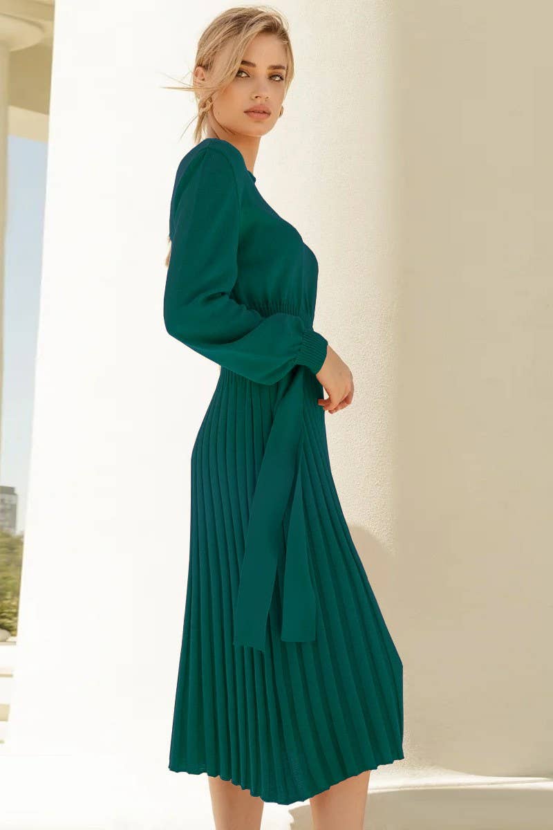 CWDMD4002_ROUND NECK TIE PLEATED MID-LENGTH KNITTED DRESS