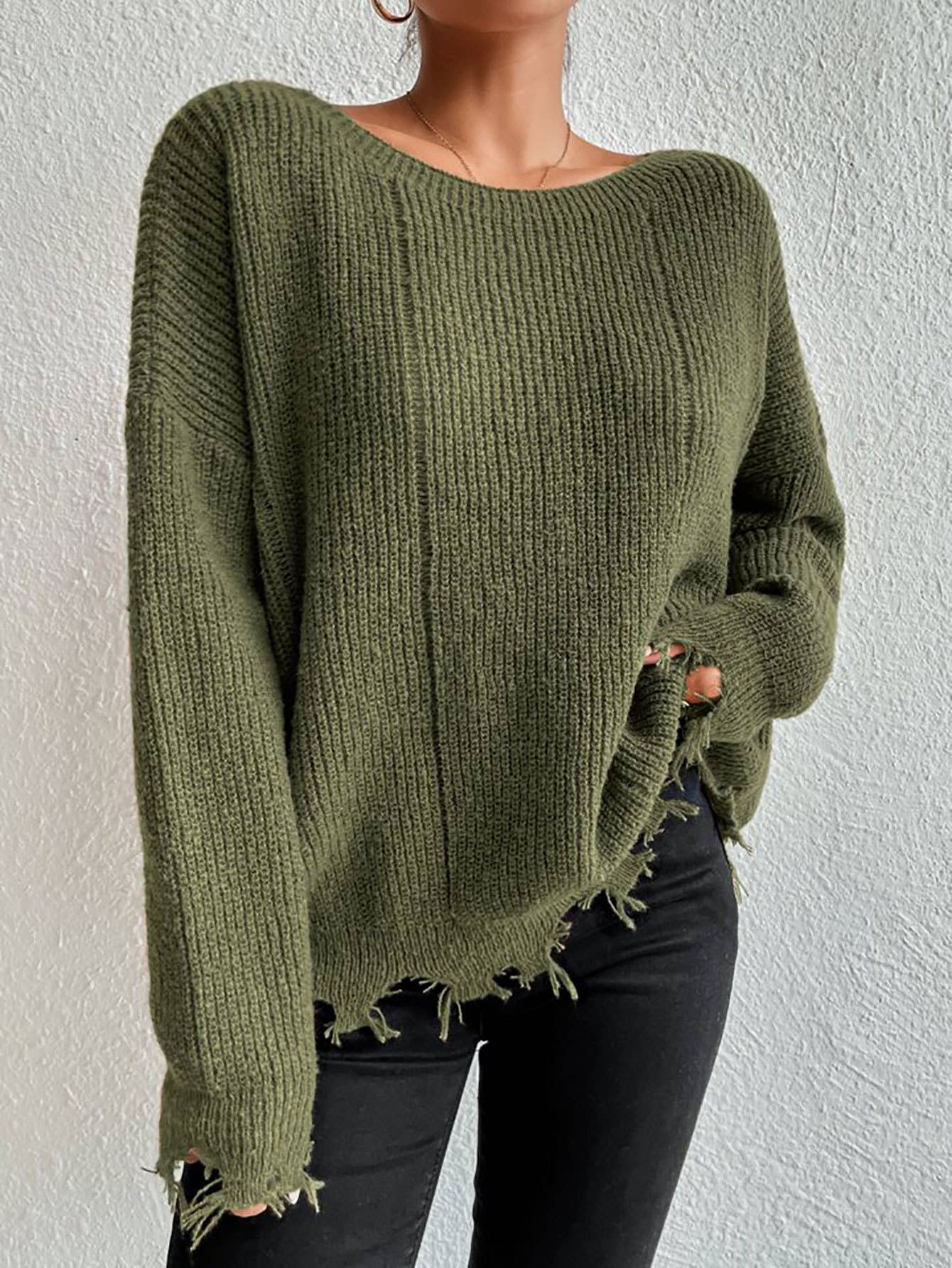 Laid-back style distressed frayed sweater