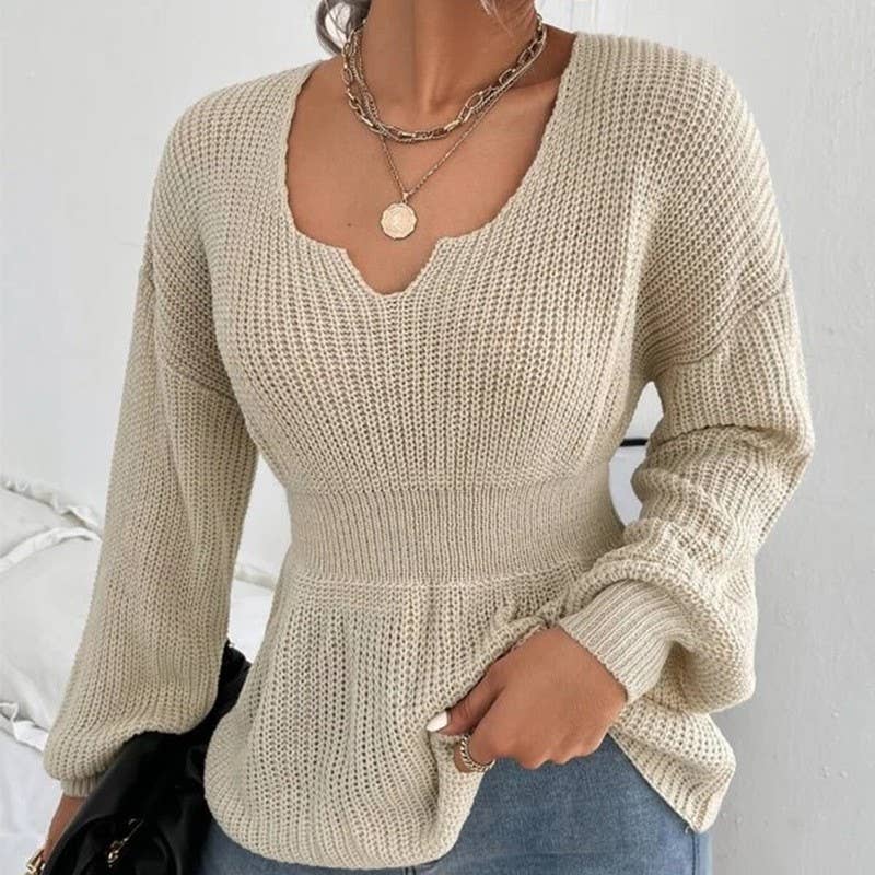 FASHION V-NECK LONG SLEEVE RUFFLED WAIST KNIT