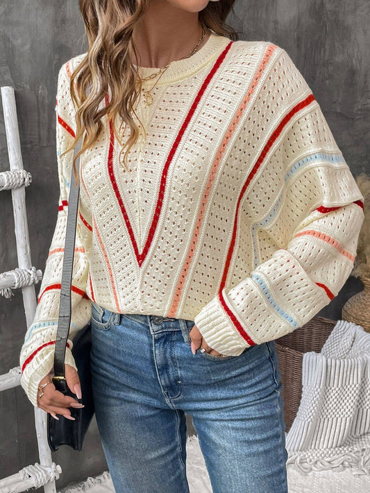 STRIPED SWEATER CREW NECK PULLOVER SWEATER