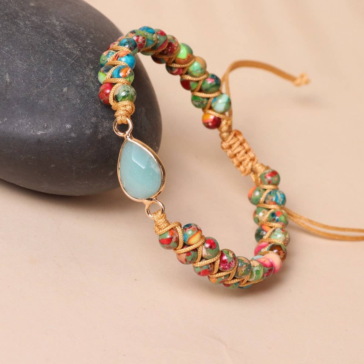 PURPLE FLOWER TEARDROP CHARM BRAIDED BRACELETS_CWAJE3945